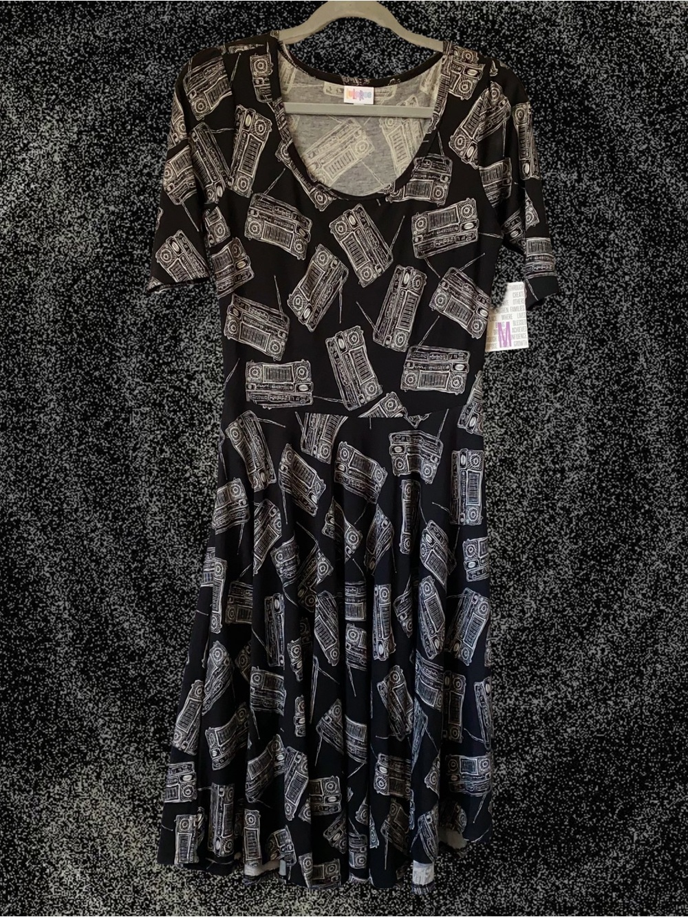NWT Black & White Retro Boombox Print Fit & Flare Dress Comfy Casual Sz M/L